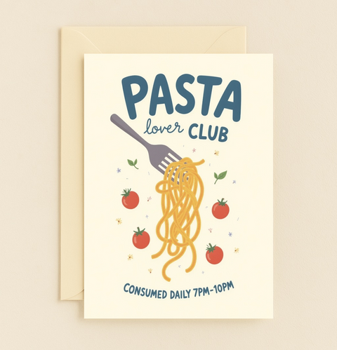 Funny Pasta Lover Greeting Card Illustrated with Spaghetti - Front