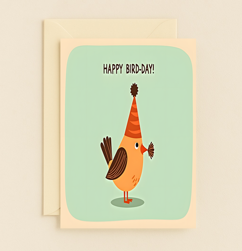 Funny Birthday Greeting Card Cute Bird in Party Hat - Front