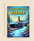 Happy Birthday Father Card Cartoon Man Sports Car Stream Nature product image