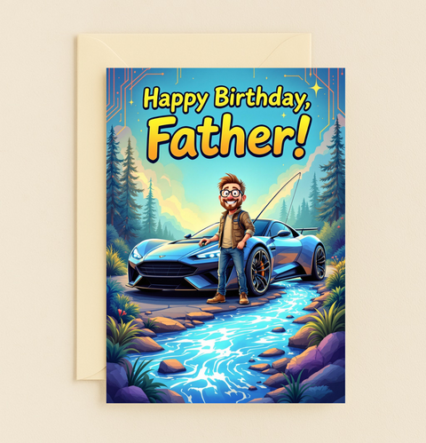 Happy Birthday Father Card Cartoon Man Sports Car Stream Nature product image