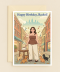 Happy Birthday Rachel Card with Dogs Cats Coffee City Street Music product image
