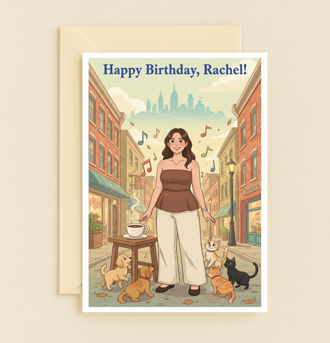 Happy Birthday Rachel Card with Dogs Cats Coffee City Street Music product image