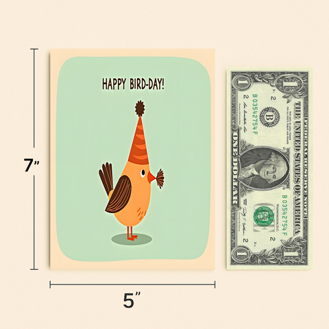 Funny Birthday Greeting Card Cute Bird in Party Hat - Size