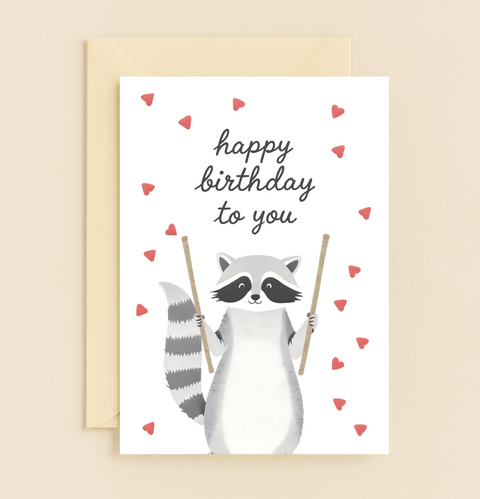 Funny Birthday Greeting Card Cute Raccoon Illustration - Front