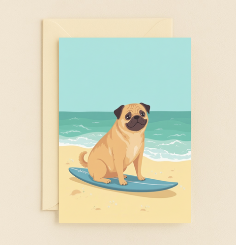 Funny Birthday Greeting Card Surfing Pug Illustration - Front