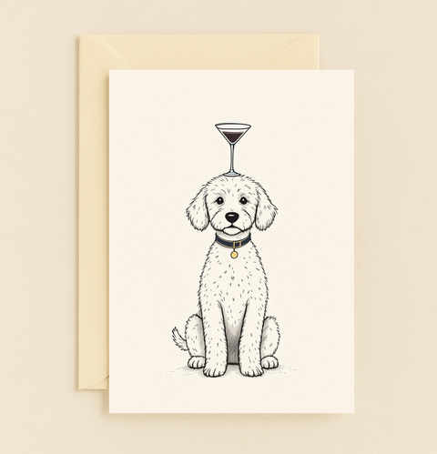 Funny Birthday Card Dog Balancing Wine Glass - Front