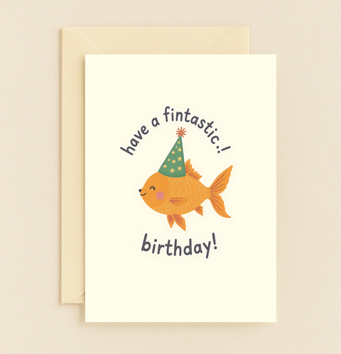 Funny Birthday Card with Cute Party Hat Fish Design - Front