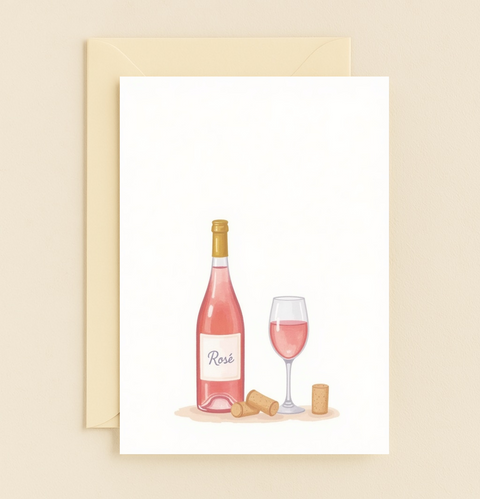 Rosé Greeting Card with Bottle and Glass Illustration - Front