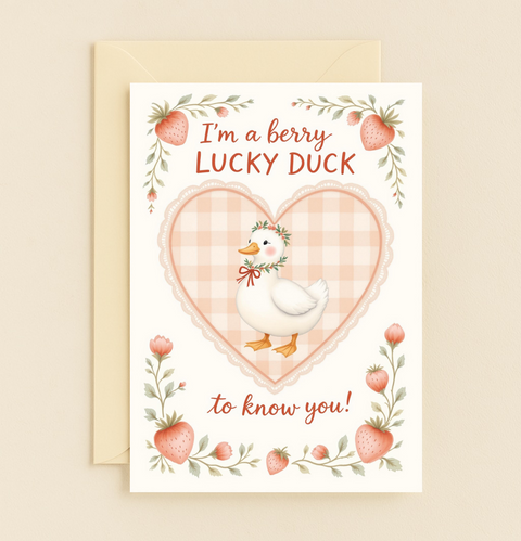 Funny Greeting Card with Cute Duck and Strawberries - Front
