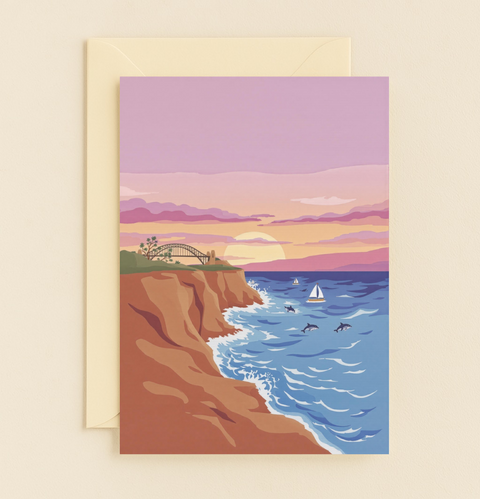 Ocean Sunset Greeting Card with Modern Coastal Art - Front