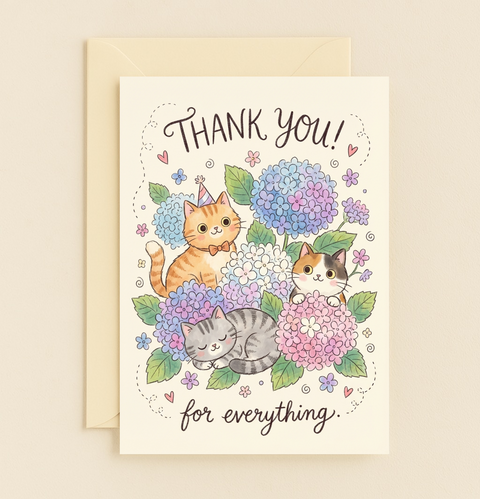 Thank You Card with Cute Cats and Flowers Illustration - Front