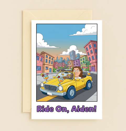 Yellow Convertible Cocktail Cruise Ride On Aiden Celebration Card product image