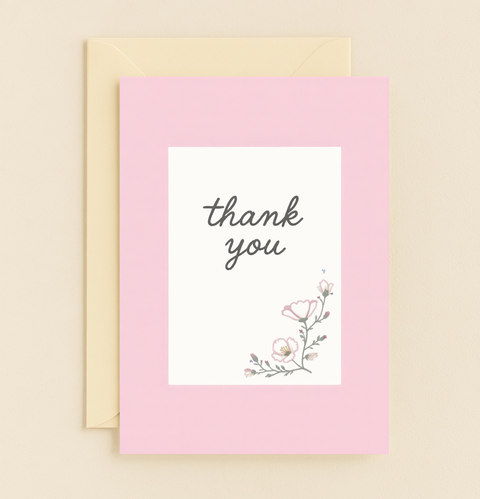 floral thank you card pink border
