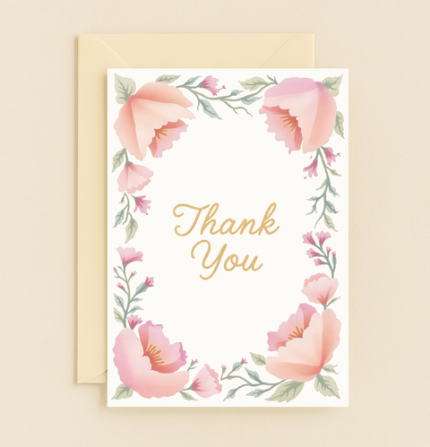 floral thank you card with pink flowers
