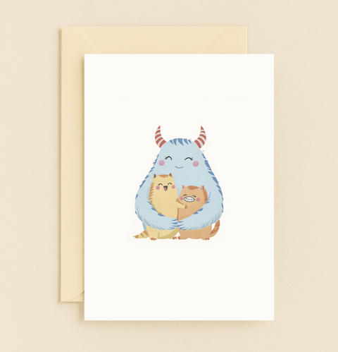 friendly monster and cat hug card