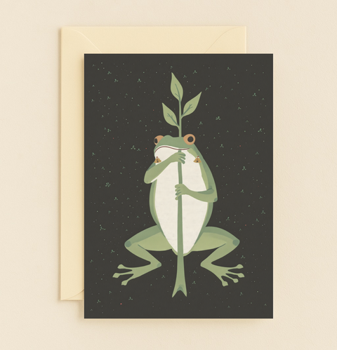 frog with leaf staff illustration card