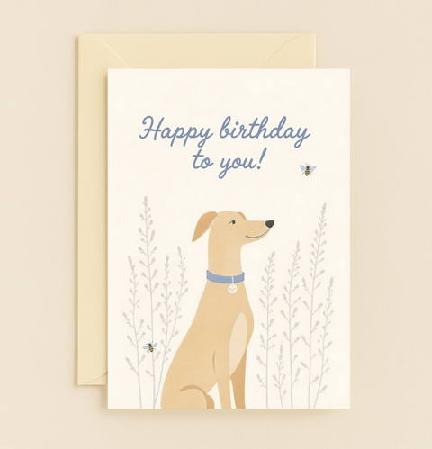 happy dog and bee birthday card