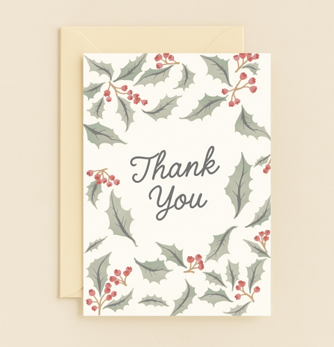 holly leaves thank you card