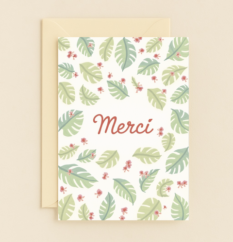 merci tropical leaves thank you card