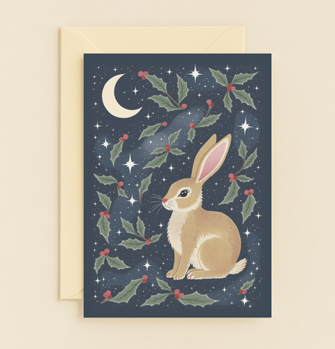 moonlit rabbit with holly card