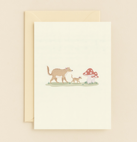 mother and pup with mushrooms card