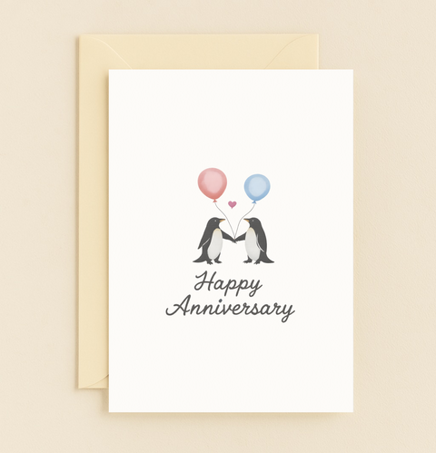penguin balloons romantic card