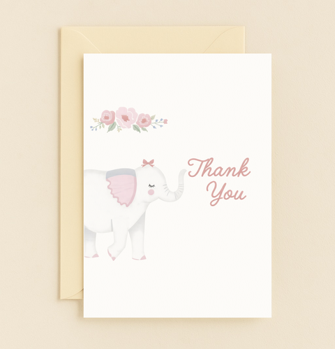 pink elephant thank you card with flowers