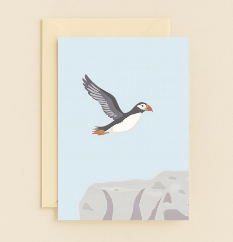 puffin over ocean illustration card