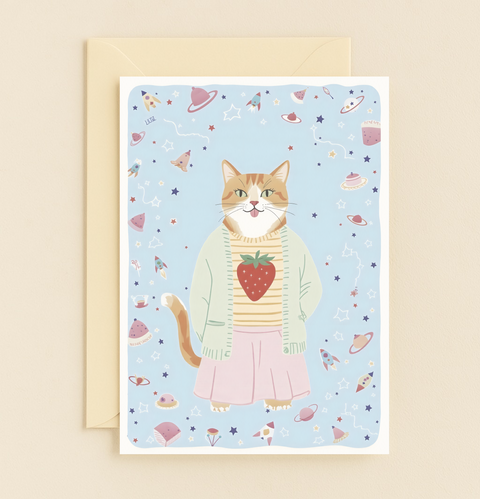 strawberry sweater cat in space card