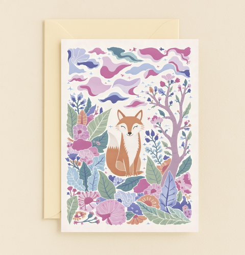 whimsical fox in floral forest card